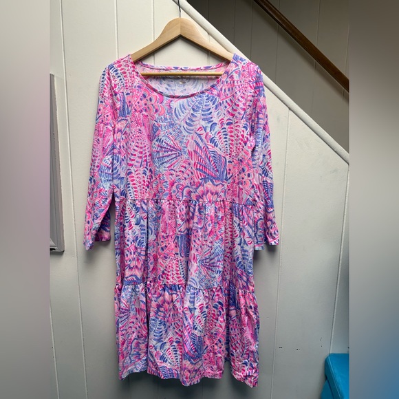 Lilly Pulitzer Geanna 3/4 Sleeve Tiered Swing Dress in Raz Berry “Sea You Soon” - Picture 2 of 5